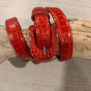 Ginnie Johansen Vintage Glossy Red Crocodile-Embossed Belt with Silver Buckle